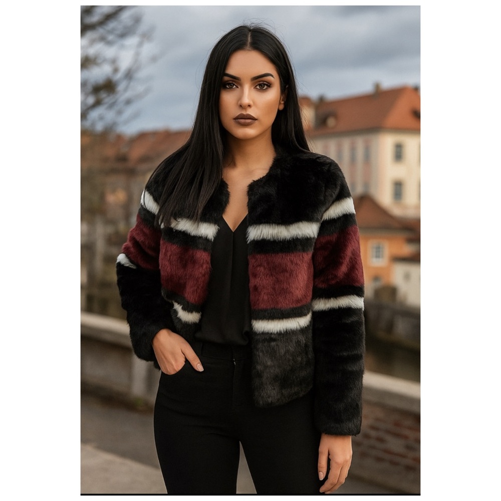 Catherine Malandrino Faux Fur Colorblock Jacket Burgundy Black XS